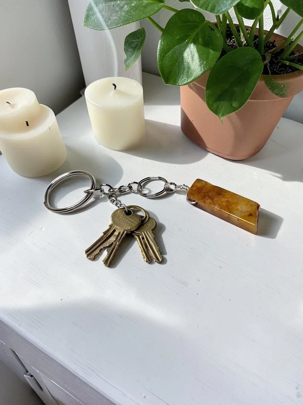 Natural Amber Brown Stone Keychain - Handmade
